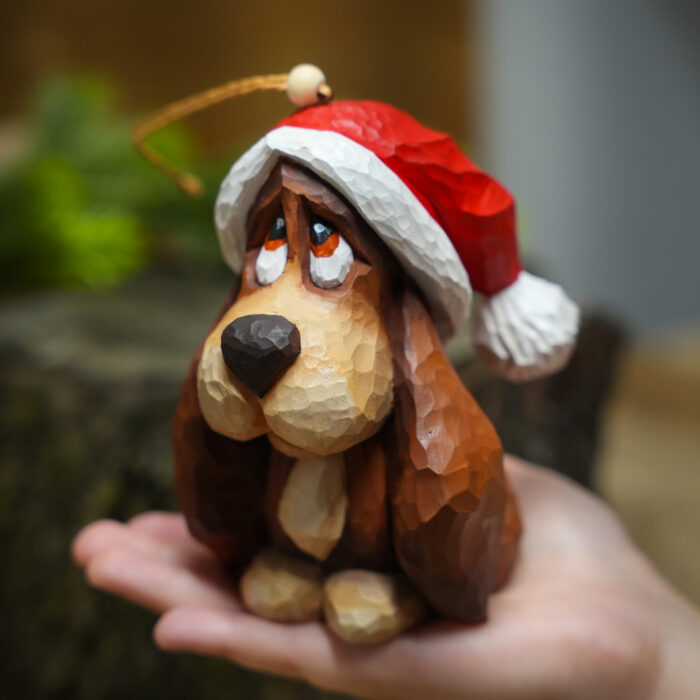 Vintage Dog in a Santa Hat – Hand-Carved Limewood Christmas Ornament