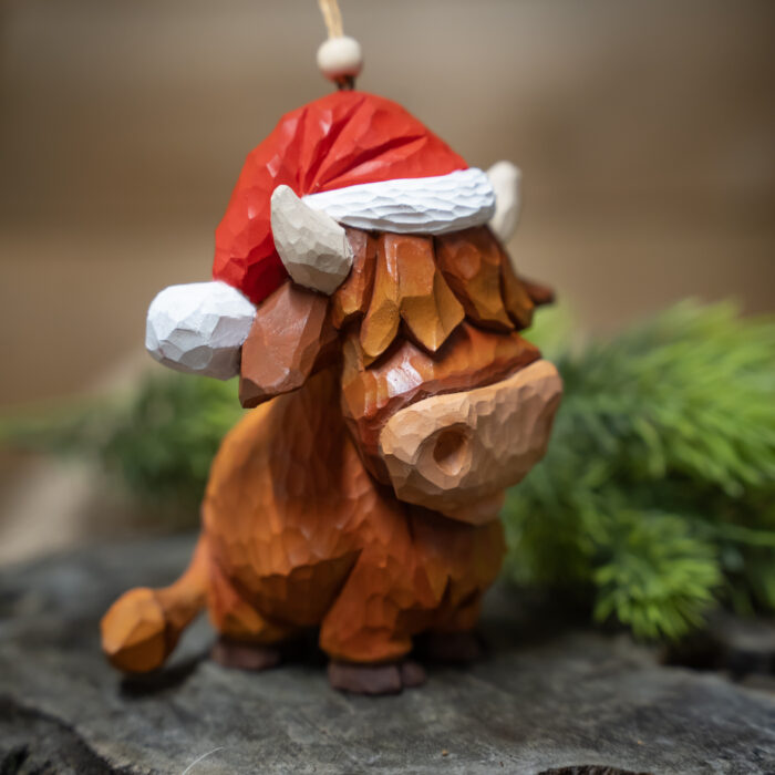 Vintage Santa Cow – Hand-Carved Wooden Christmas Ornament