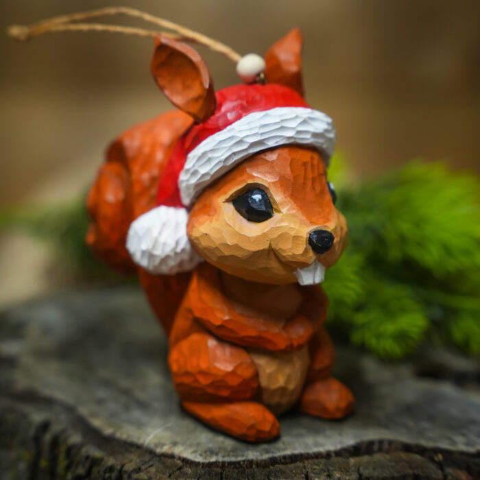 Vintage Santa Squirrel – Hand-Carved Wooden Christmas Ornament