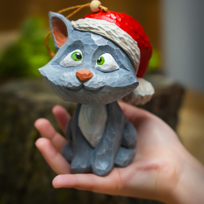Vintage Santa Cat – Hand-Carved Wooden Christmas Ornament
