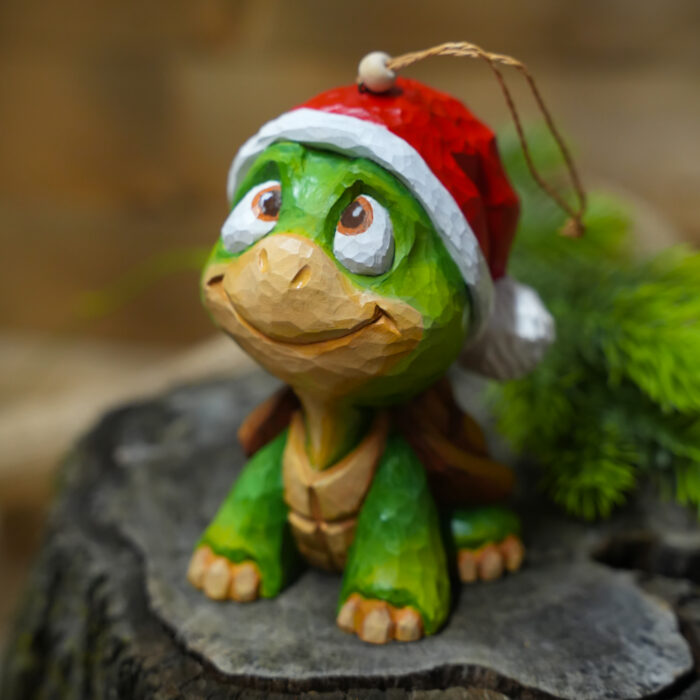 Vintage Santa Turtle – Hand-Carved Wooden Christmas Ornament