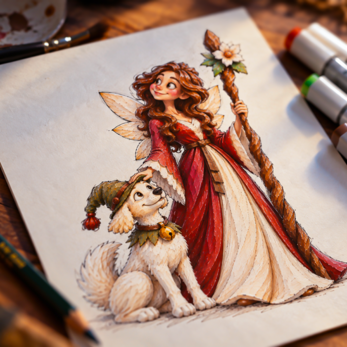 The Woodland Fairy and Her Little Guardian – Custom Hand-Carved Wooden Sculpture